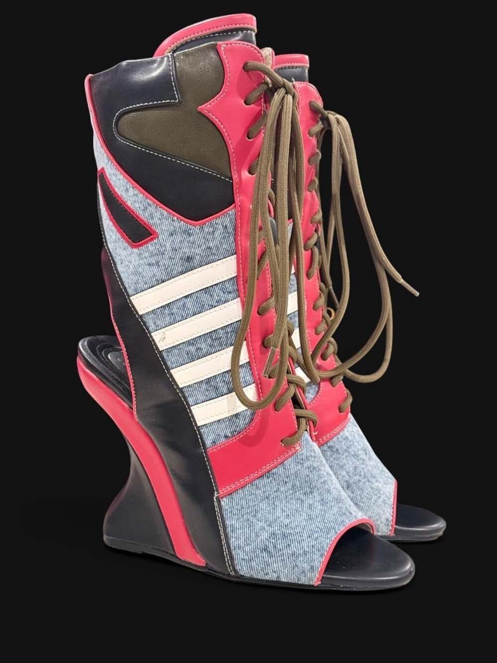 AKIRA Gold Mayweather Denim Red Black Sculptural Wedge Booties Heels